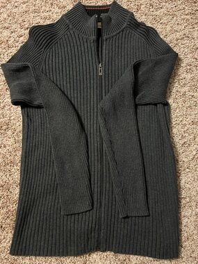 DKNY Black Ribbed Zip-Neck Sweater with Subtle Red Stitching